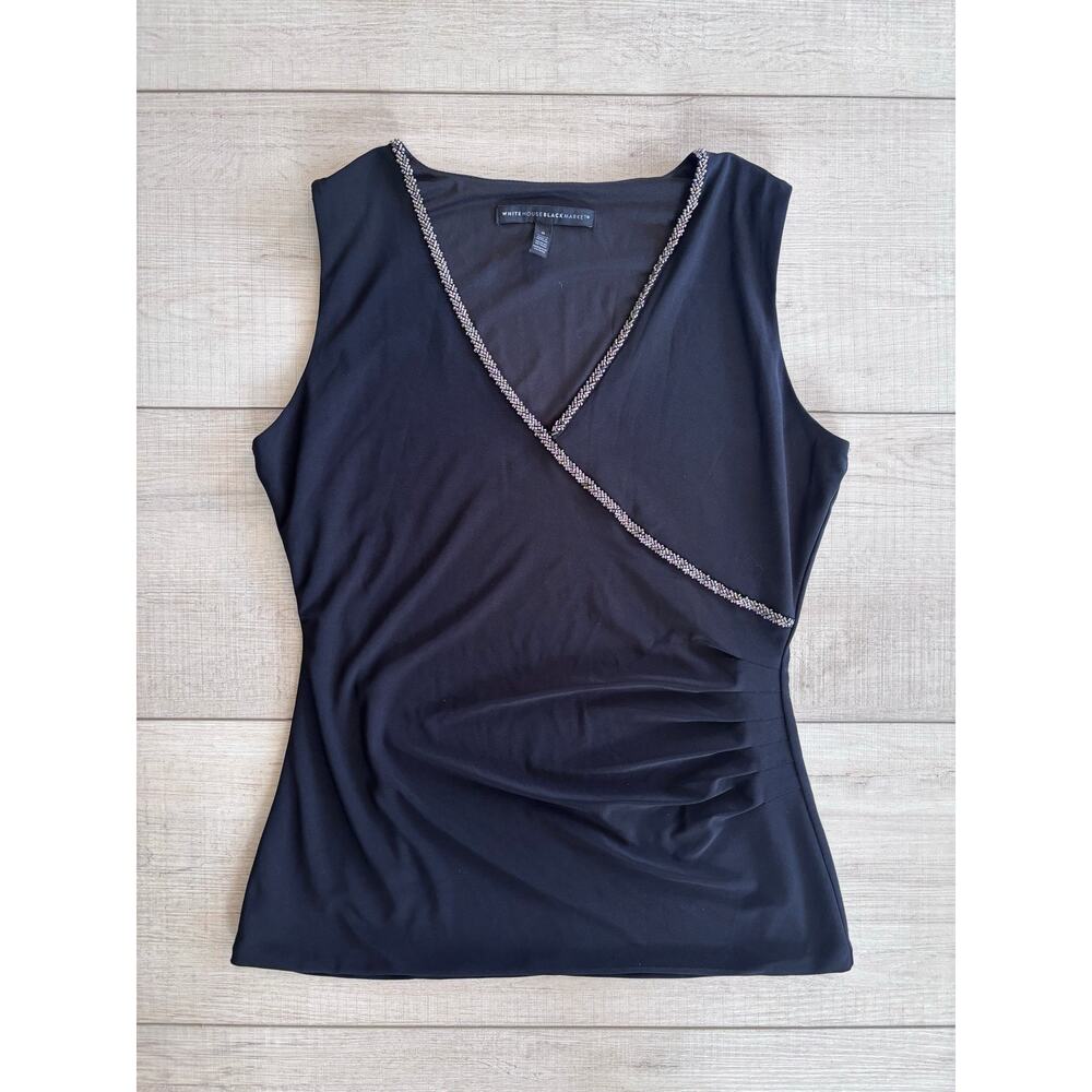 White House Black Market Silver Beaded Trim V Neck Black Top Party Chic Size S - Picture 2 of 6
